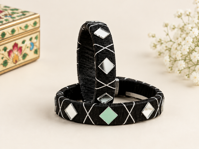 Black Geometric Mirror-Accent Bangles