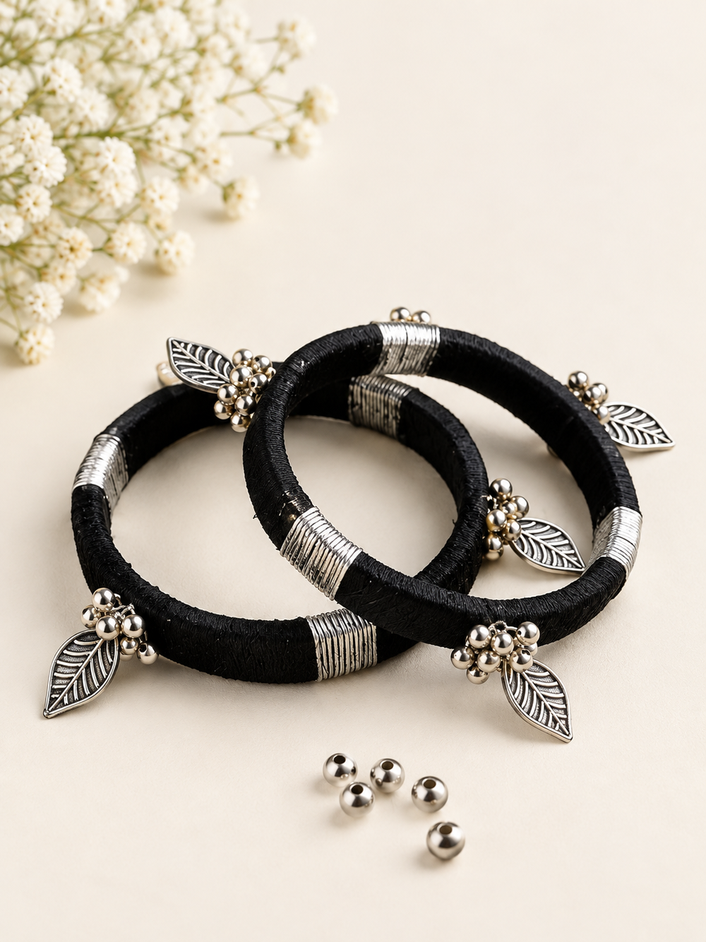 Black And Silver Leaf Charm Bangles