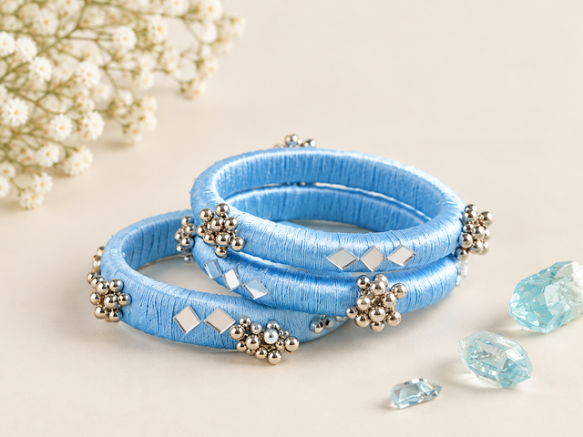 Sky Blue Silver Embellished Bangles