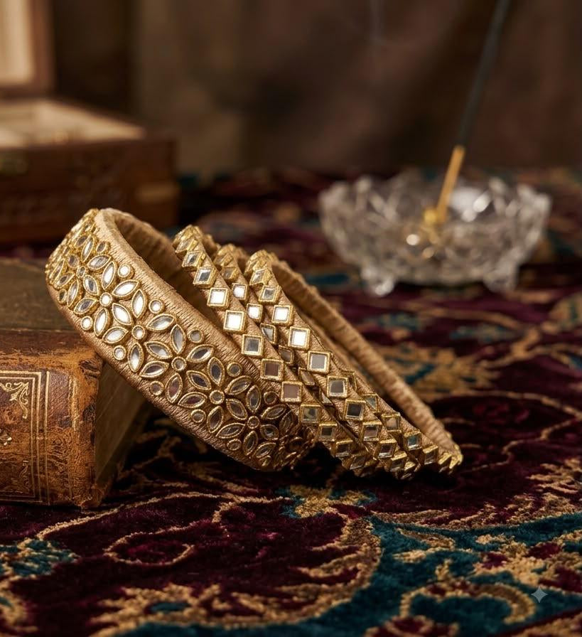 Golden Glamour Mirror-Work Silk Bangle Set