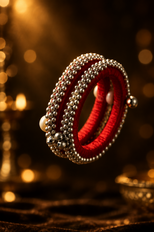 Crimson Velvet Ghungroo Statement Bangle Pair